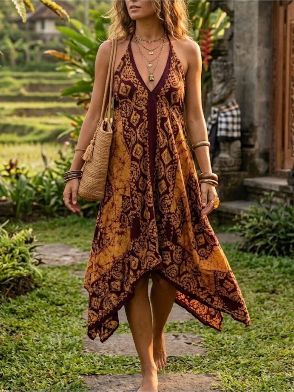 Advance Apparels Asymmetrical Spaghetti Strap Dress in Mustard and Brown